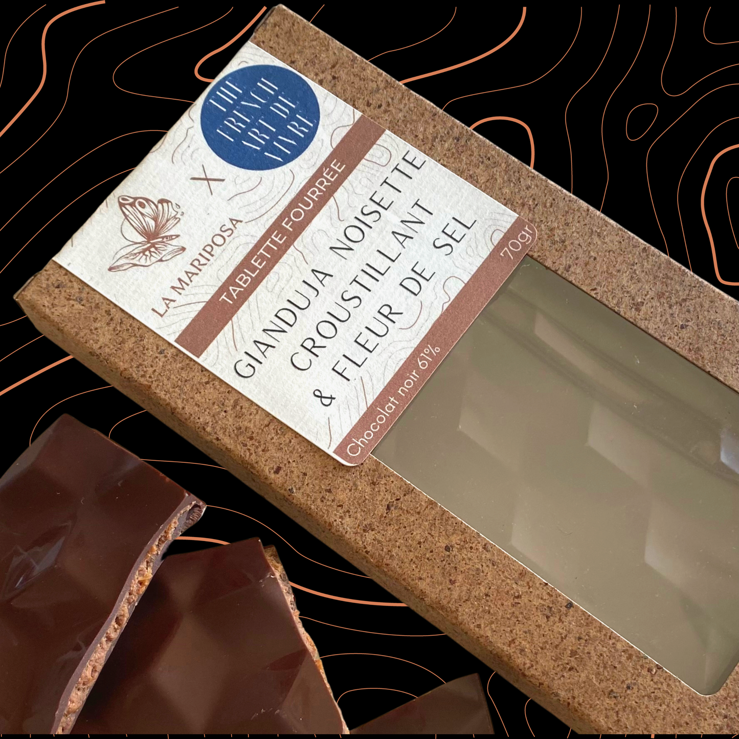 Tablette fourrée gianduja noisette & fleur de sel  x  La Mariposa